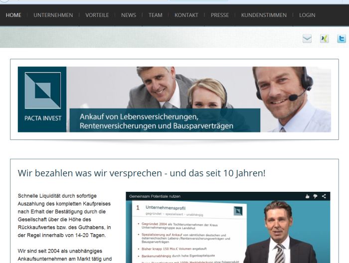 Der Internetauftritt der Pacta Invest GmbH