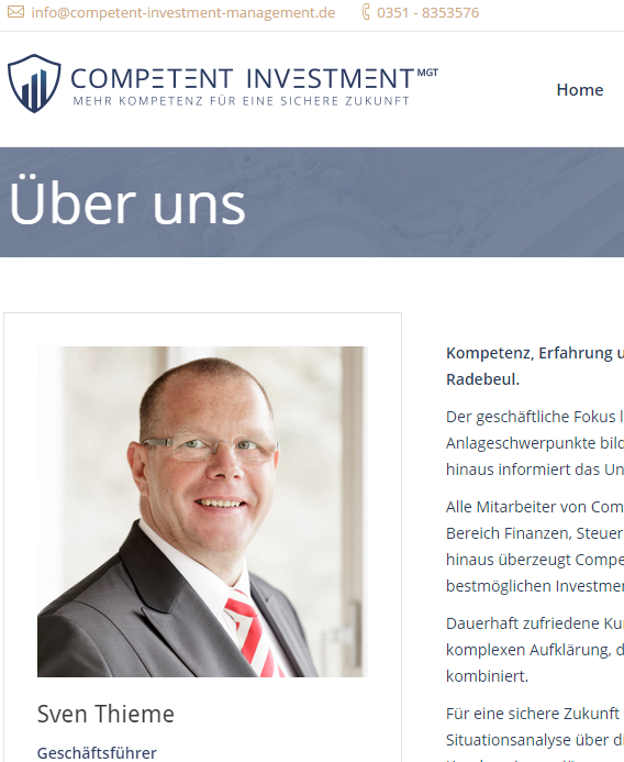 In der neuen Firma Competent Investment Management GmbH in Radebeul präsentiert Sven Thieme dieselben Promis wie bei der Ortus SE und Ortus AG aus dem Nachbarort Coswig in Sachsen