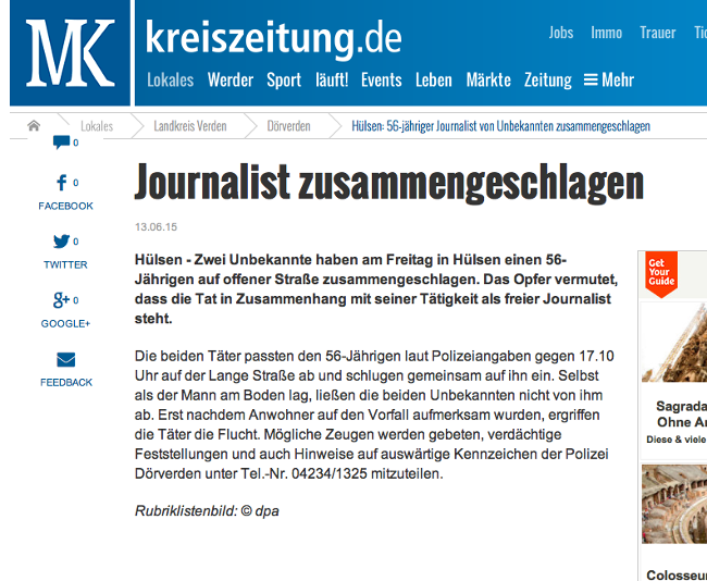 Auszug Kreiszeitung - Klaus Maurischat, am helllichten Tag vor einer Ferienwohnung im niedersächsischen Dörverden gezielt angegriffen