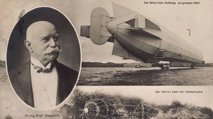 Bereits seit 1874 hatte sich Ferdinand Graf von Zeppelin (1838-1917) mit der Konstruktion eines "Ballonfahrzeugs zur Beförderung von Post, Fracht und Passagieren" beschäftigt. Als 1908 das vierte Luftschiff des Grafen wegen Unwetters bei Echterdingen verbrannte, schwappte eine Welle der Solidarität mit dem visionären Pionier durch das Land. Dank spontaner Spenden in Höhe von 6,3 Millionen Reichsmark konnte er am 8. September 1908 die Luftschiffbau Zeppelin GmbH und die Zeppelin-Stiftung gründen und sein Werk weiterführen. Um seinen Plänen Flügel zu verleihen, scharte der Graf fähige Mitarbeiter um sich. Karl Maybach gründete den Motorenbau und Claude Dornier wurde mit der Planung und Konstruktion eines Riesenflugbootes beauftragt. Die Zahnradfabrik Friedrichshafen wurde ins Leben gerufen, um geeignete Untersetzungsgetriebe herzustellen. In Friedrichshafen entstand so ein bedeutendes Luftfahrtzentrum. Seine Passagier-Zeppeline flogen, bis die LZ 129 Hindenburg am 6. Mai 1937 bei der Landung in Lakehurst im US-Bundesstaat New Jersey 100 Kilometer von New York entfernt plötzlich in Brand geriet © Ausriss aus Amazon.com