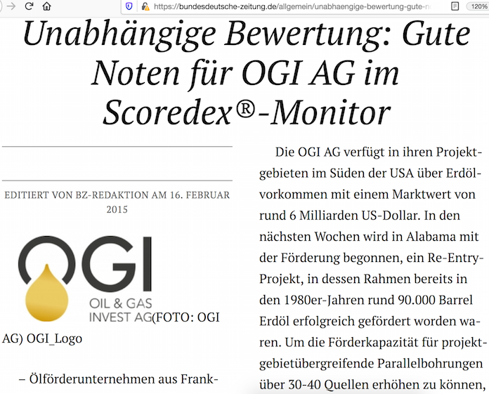 Lang ist es her: Im Jahr 2014 erzielte die OGI AG tatsächlich gute Noten, inzwischen sieht das ganz anders aus © Ausriss aus Bundesdeutsche-Zeitung.de