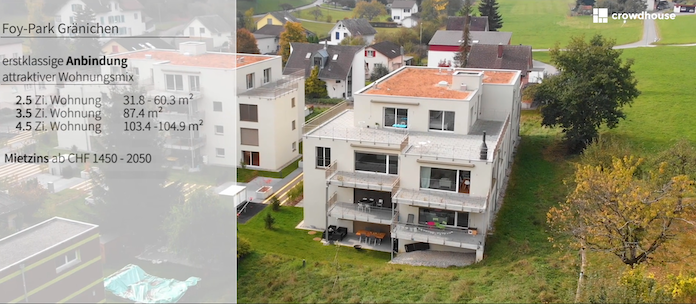 Schwarm-Investoren kauften 2017 über die Züricher Plattform Crowdhouse.ch das Mehrfamilienhaus mit Mietwohnungen in der Talbachstraße 10a+b im Foy-Park Gränichen im Kanton Aargau für einen Kaufpreis von 14,2 Millionen Franken, sie mussten an Crowdhouse Maklergebühren von 795.000 Franken entrichten, das entspricht rund 5,6 Prozent des Kaufpreises, üblich sind laut einem Züricher Makler für Renditeimmobilien zwischen 1,5 und 2 Prozent © Ausriss aus Vermarktunsfilm auf Vimeo.com der Crowdhouse.c