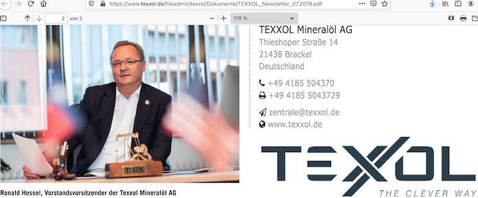 Ronald Uwe Hessel (60) aus Hanstedt, Vorstandsvorsitzender der niedersächsischen TEXXOL Mineralöl AG aus Brackel (Thieshoper Straße 14) © Pressefoto TEXXOL Newsletter 07/2019 und 01/2021