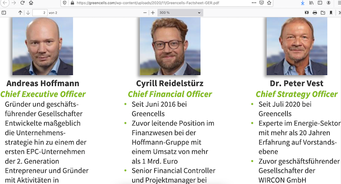 Das Management der deutschen Greencells GmbH aus Saarbrücken © Ausriss aus Greencells-Factsheet zum Werpapierprospekt für den Greencells Green Bond 6,5% vom 12. November 2020