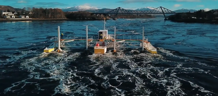 Das im Februar 2021 zu Wasser gelassene erste Gezeitenkraftwerk mit 6 Turbinen hat die Rechnung ohne die Wale gemacht, die für mindestens ein halbes Jahr in die Bay of Fundy von Neuschottland in Kanada kommen © Pressefoto reconcept consulting GmbH, Hamburg